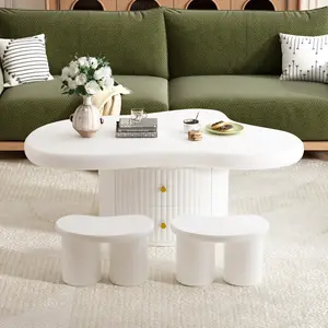 [SOIYELIFE] Cloud Coffee Table Set of 3, Irregular Shape Coffee Table with 2 Drawers, 2 Small Stools for Living Room,Unique furniture
