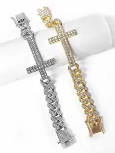 New Hip Hop Rhinestone Bracelet, Cross Pendant Cuban Chain, Unisex Full Diamond Bracelet, Steel Material, Model Xinghao, Cuban Chain Bracelets