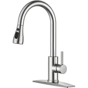 Kitchen faucet with pull-down sprayer, brushed nickel finish, high-arc single-handle classic stainless steel sink faucet, available in single-hole or three-hole options, suitable for farmhouses, campers, laundry rooms, RVs, and bars