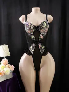 Women's Sexy Lace Patchwork Sheer Mesh Lingerie Bodysuit, Slim-Fitting Low Neck Halter Top, Floral Print, Romantic Bow, Perfect for Valentine's Day