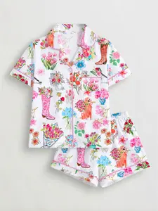 Women Floral Printed Sleepwear Set, Loungewear Pajama, Short Sleeve Button-Up Soft Top & Elastic Shorts, Casual All-Season Home Wear
