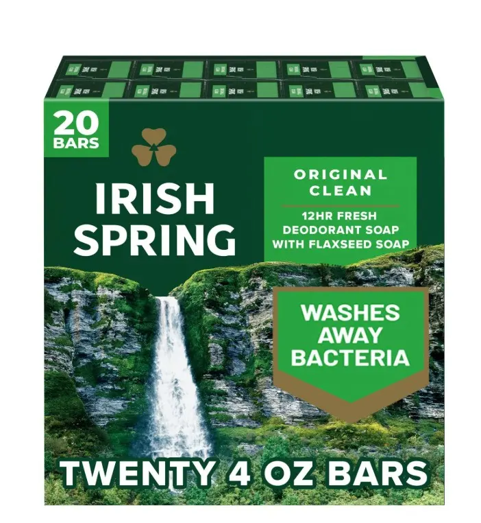 Irish Spring Original Clean Bar Soap 20 Bars 4 oz Each 12hr Fresh Deodorant with Flaxseed Washes Away Bacteria Great Smell