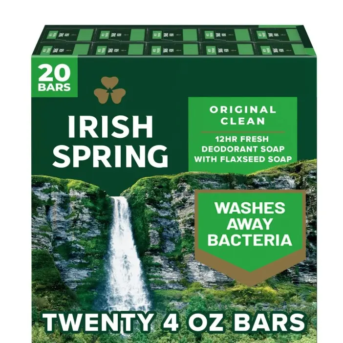 Irish Spring Original Clean Bar Soap 20 Bars 4 oz Each 12hr Fresh Deodorant with Flaxseed Washes Away Bacteria Great Smell Body Care Daily