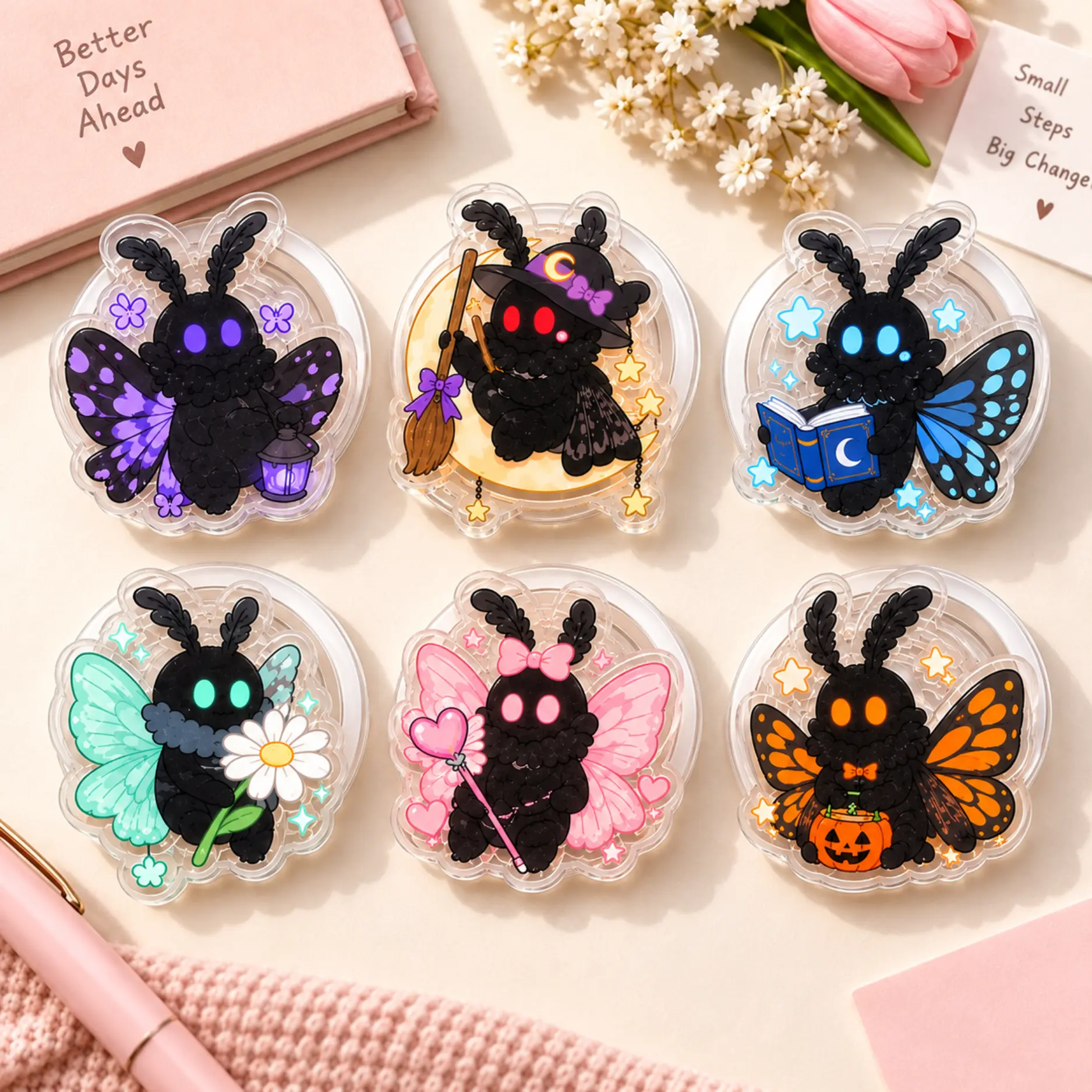 Spooky Cute Moth MagSafe Phone Grip Collection, Aesthetic Fluttering Little Bugs with Flowers & Books PopSocket, Fall Holiday Accessory