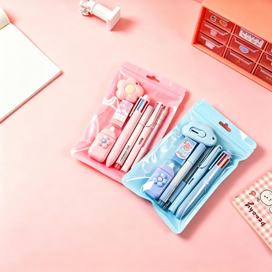 Kawaii Blue Stationery Kit 7 Pcs, Cute School Office Supplies for Kids Teens, Aesthetic Desk Accessories with Multifunction Pen Eternal Pencil Correction Tape, Perfect Back to School Birthday Christmas Gift for Students Teachers