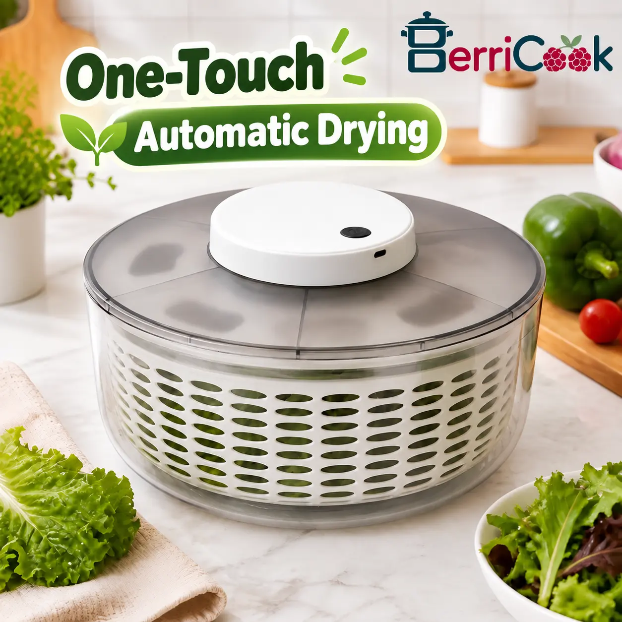 【Creator Pick】6.35QT Electric Salad Spinner Utensils,  Perforated Mesh Removable Basket, 1-Touch USB-C Charge Meal Prep Vegetable & Fruit Dryer for Kitchen Use
