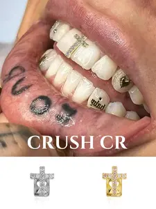 CRUSH CR 14K Gold Plated Iced Out Cross Single Tooth Cap for Men Women, Hypoallergenic Ultra-Lightweight Removable Grillz, Perfect for Hip Hop Concerts, Church Events, Music Festivals, Club Nights Urban Street Style
