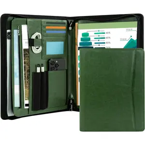 Portfolio Folder with Zipper, Leather Padfolios for Women & Men, Professional Portfolio Binder with A4 Writing Pad Holder, Business Organizer for Resume Interview