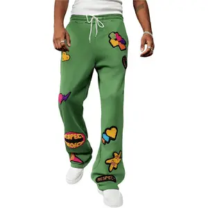 Men's Stacked Sweatpants Y2k Embroidered Drawstring Waist Workout Jogger Pants