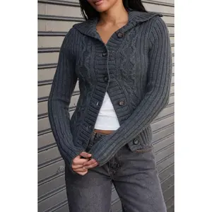 John Galt Women's Gray Cable Knit Hooded Cardigan