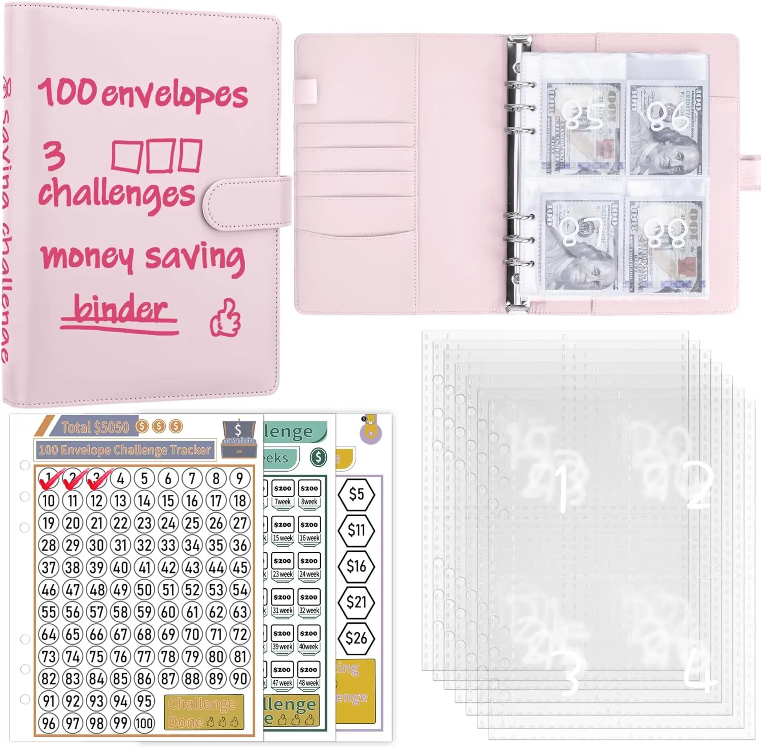 100 Envelopes Money Saving Challenge Binder, Budget Binder with Cash Envelopes, Savings Challenges Book