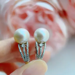 Piswency Genuine Freshwater Pearl Earrings in Natural Color, Round Pearl Hoop Studs, S925 Sterling Silver with Zirconia, Gift for Her