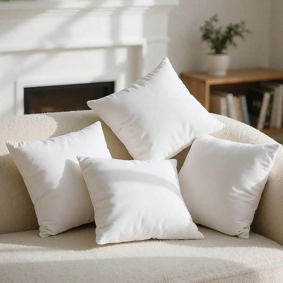 4 White Square Throw Pillows, Couch Pillow, Soft Polyester Fabric, Plush Texture, Ideal For Bed & Couch, Adds Comfort & Modern Style, Decorative Accent Cushions