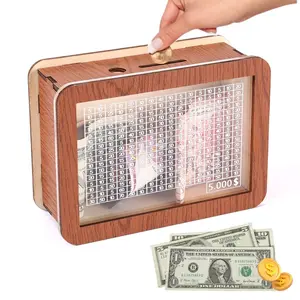 Transparent Piggy Bank with Dollar Sign, DIY Wooden Savings Jar, Reusable and Writable, Ideal for Coins and Bills, Perfect Gift for Kids