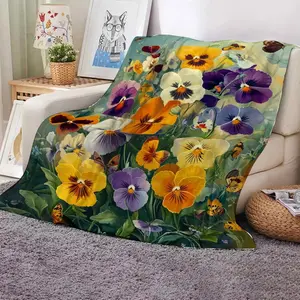 Pansy Flowers Flannel Blanket | Lightweight Warm Portable Nap Throw | Gift for Family Friends Office
