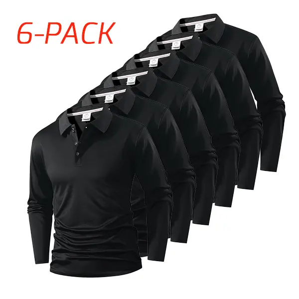 Men’s 6-Pack Black Long Sleeve Polo Shirts – Breathable Business Casual Tops, Suitable for Work, Golf, Leisure, and Outdoor Activities