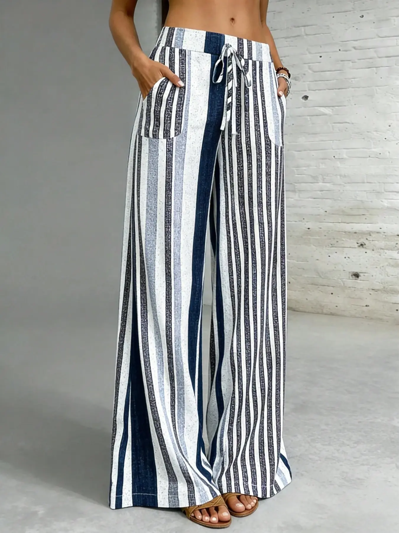 Women's Striped Wide Leg Boho Palazzo Pants, Casual Loose-Fitting Long Pants, All Seasons, Comfortable with Pockets, Ideal for Travel and Daily Wear, Bohemian palazzo trousers, Boho Fashion Trousers, Bohemian Bottoms