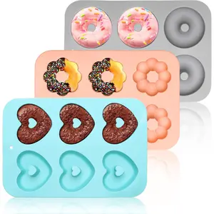 3 Pack Silicone Donut Pan Non-stick Doughnut Molds for Baking 6 Cavity Donut Maker Muffin Cupcake Bagel Making Tray Gray Pink Blue