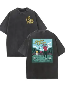 Vintage washed dual-sided golf graphic tee featuring "FORE DRAGONS" design, classic crew neck and loose fit for all-season wear. Perfect casual streetwear pick for weekend leisure and golf-themed outings. Crewneck   Menswear Tshirt