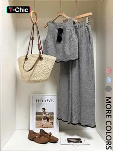 Women's Plaid Print Round Neck Tank Top And Elastic Waist Pants 2 Pieces Set, Womenswear, Lace Trim Suit, Side Pockets, Lightweight Breathable Fabric, Daily Casual Commute Vacation Home Leisure Wear, Retro Vintage Casual Minimalist Style