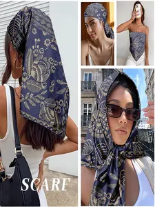 Navy Blue & Beige Batik Floral Print Square Scarf - Boho Satin Bandana for Women, Versatile Hair Wrap/Neck Scarf/Bag Accessory, Perfect for Beach Vacations & Summer Festival Fashion