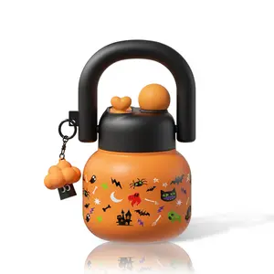 [Sidagar] Halloween Limited Edition Kids Water Bottle – Dual Drinking Spouts (Straw + Sip), Built-in Fruit Strainer, Leak-Proof Lid, Insulated Stainless Steel Thermos Cup, With Strap, Anti-Slip Bottom, Cute Charm, Perfect Halloween Gift for Girls & Boys