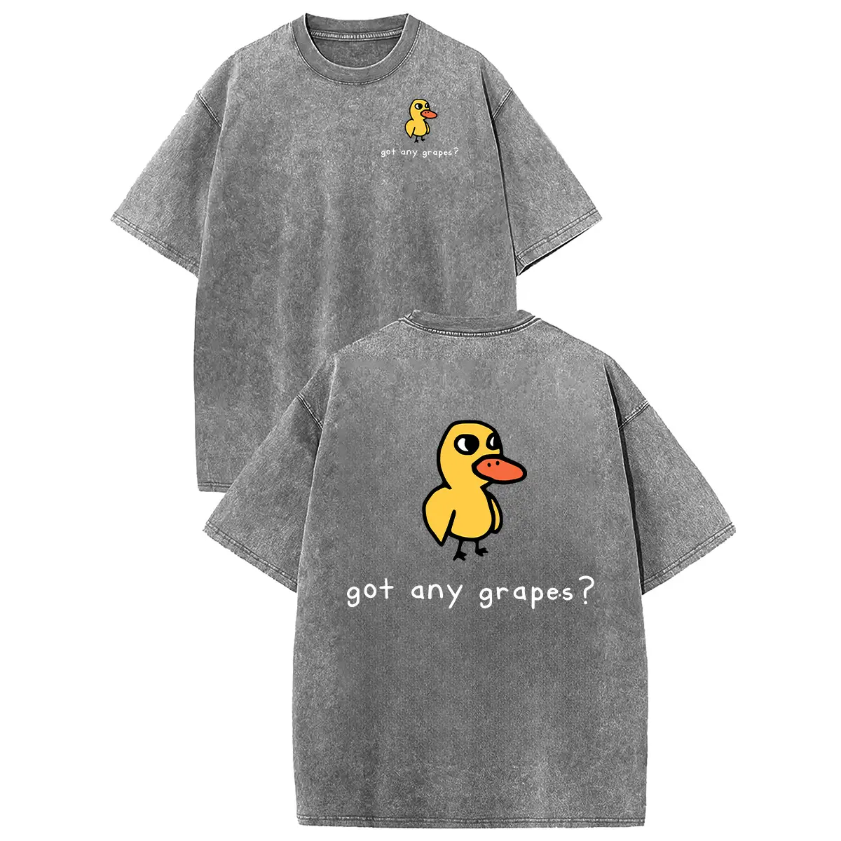 Retro Vintage Short-Sleeve Cotton T-Shirt - Round Neck, Breathable Heavy Washed Eat Grapes Duck Graphic, Unisex Casual Loose-Fit Streetwear Top
