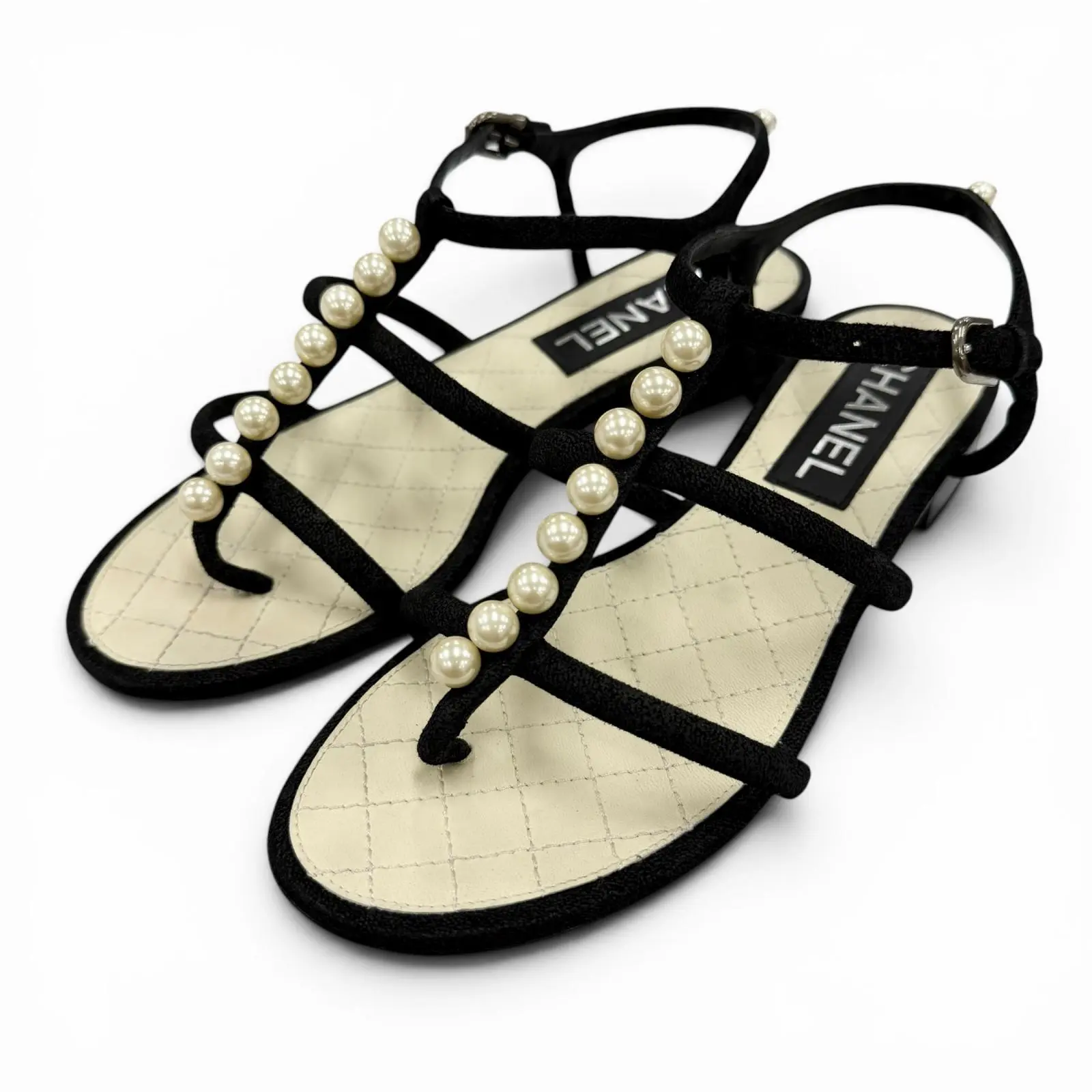 Pre-owned CHANEL Suede Small Leather Goods Pearl Leather Flat Sandals