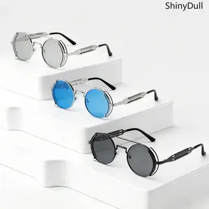 Vintage Steampunk Glasses – Round Double Bridge Spring-Loaded Sunglasses for Party & Cosplay
