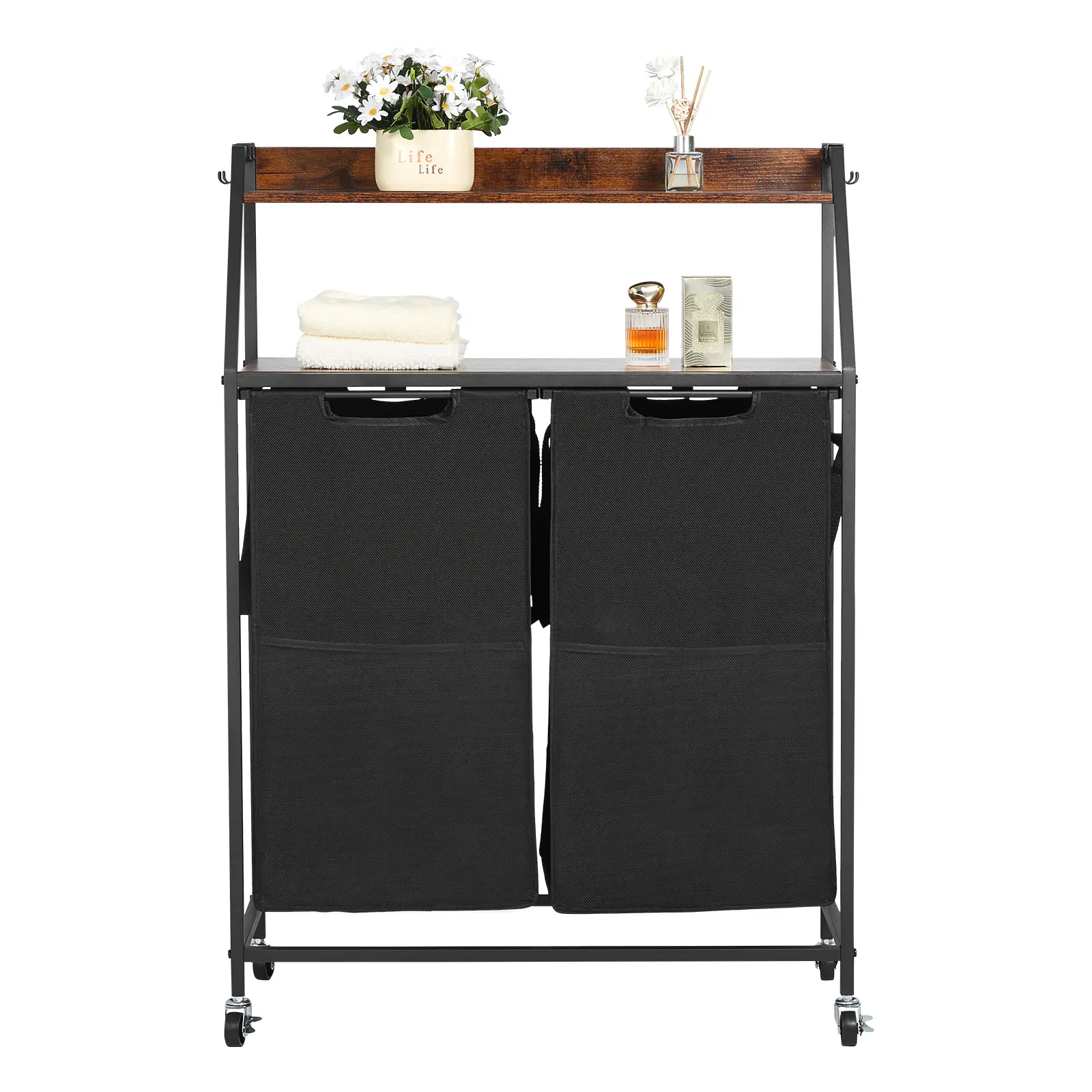VEVOR Durable 2-Tier Upright Laundry Sorter with Lockable Rolling Wheels, 2-Section PP Base, Carbon Steel Frame, Wooden Tabletop, Ladder Shelves, 600D Oxford Cloth Laundry Baskets, Waterproof Dustproof for Dirty Clothes Storage & Ironing, Easy to Clean