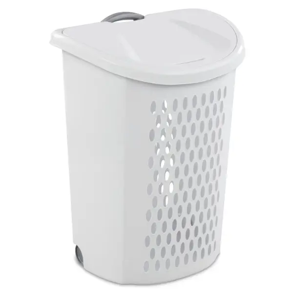 Wheeled Laundry Hamper with Lid & Retractable Handle, Large 2 Bushel Rolling Plastic Clothes Basket for Bathroom, Bedroom, Dorm & Apartment, Ventilated Design, Easy Carry Laundry Organizer with Wheels, White Laundry Bin for Home Use