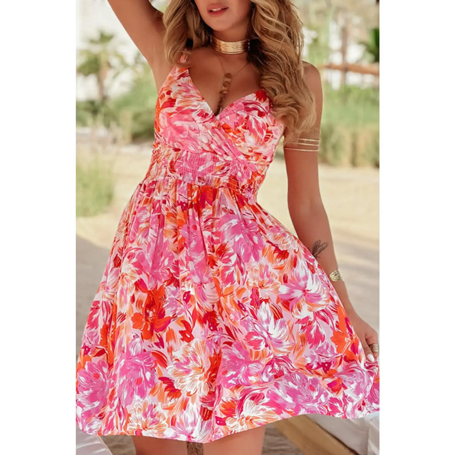 Red Floral Spaghetti Strap Surplice Neck Shirred Waist Mini Dress