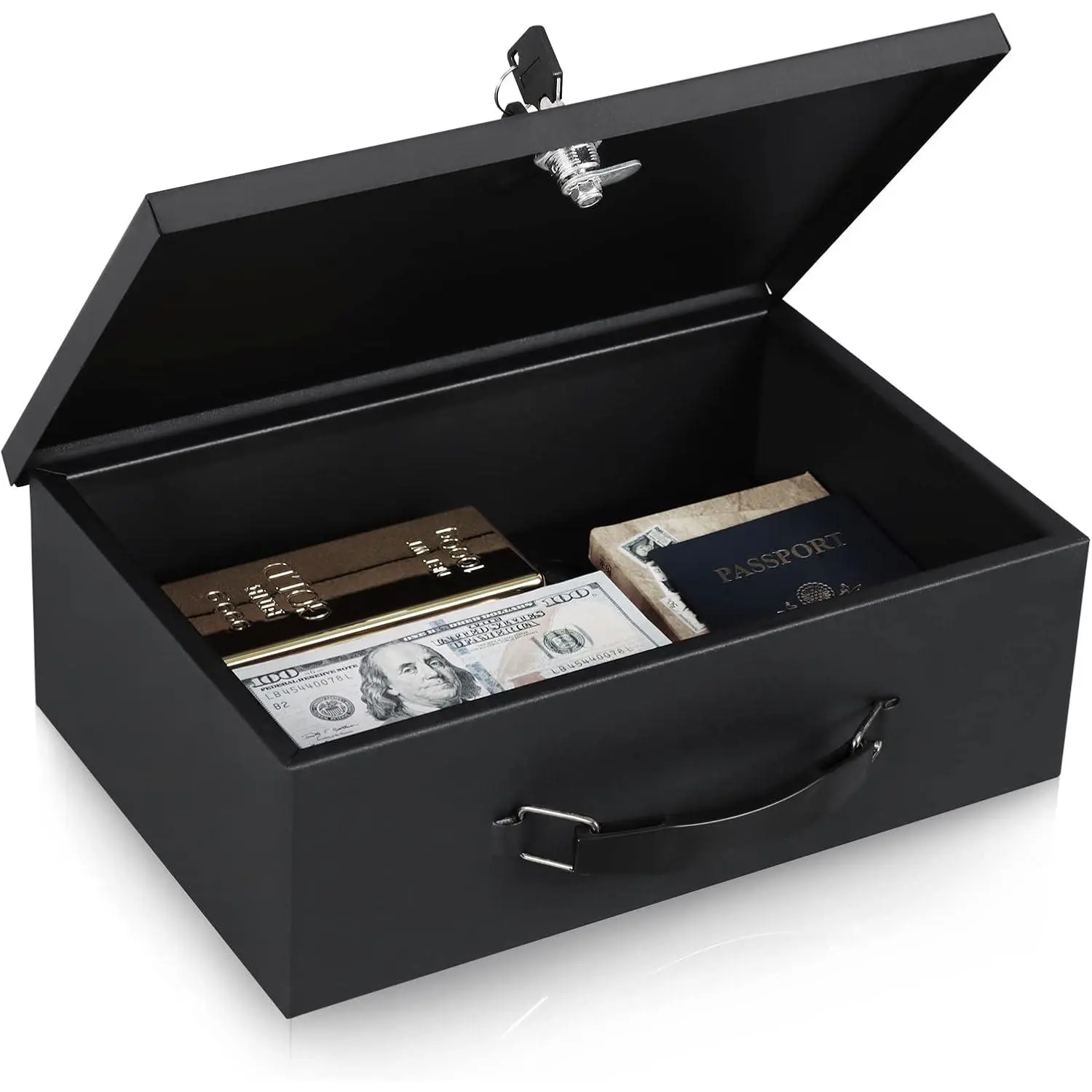 Fireproof Document Box with Key Lock, Small Lock Boxes for Personal Items, Fire and Water Resistance, Fireproof Safe Box for Documents, Jewelry, Passport, Cash, 12.6'' x 8.3'' x 4.3'' Black