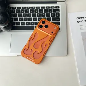 Frosted Flame Pattern iPhone 17 Pro Max Case, 17/17 Pro Color Block Warm Orange Aesthetic Heat Dissipation Hollow-out Shockproof Drop Protection Case