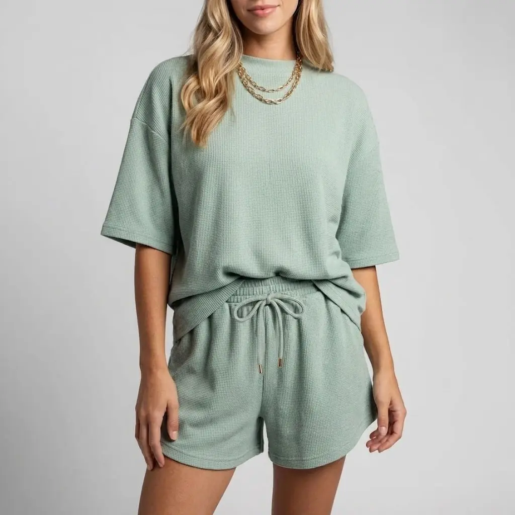 Giftifymama Waffle Knit Zip Nursing Lounge Set With Zipper(2-Piece Set: T-Shirt & Shorts) – Nursing Casual Set, Soft Maternity/Nursing Pajama Set