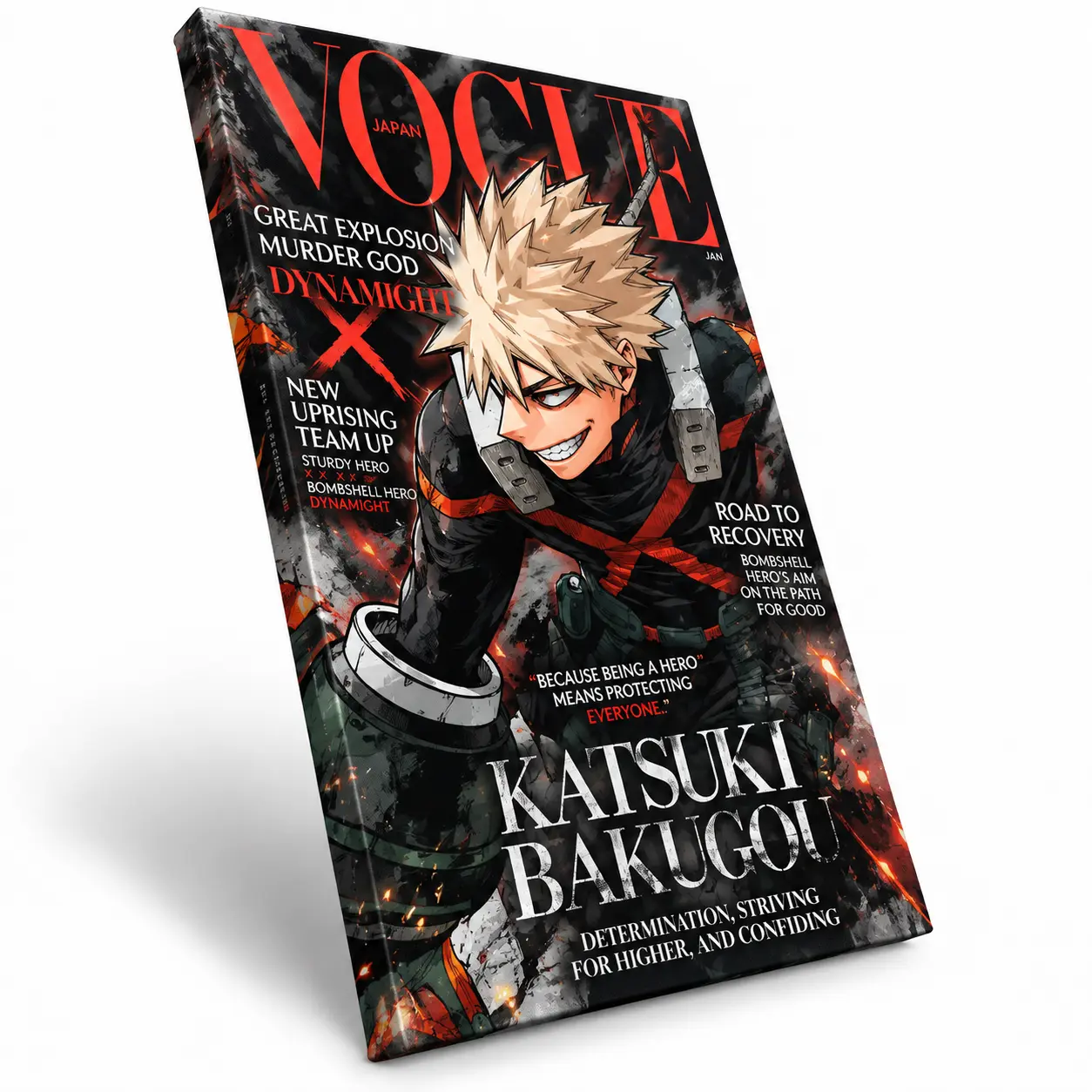 Katsuki Bakugo Vogue Cover Canvas Home Wall Art for Adult Fans, Mid-century Modern Black Flash Manga Wall, Y2K Y3K Aesthetic 1980s Retro Cinematic Poster, Anime Fashion Magazine Print for Trendy Girls, Print Design, Wall Prints