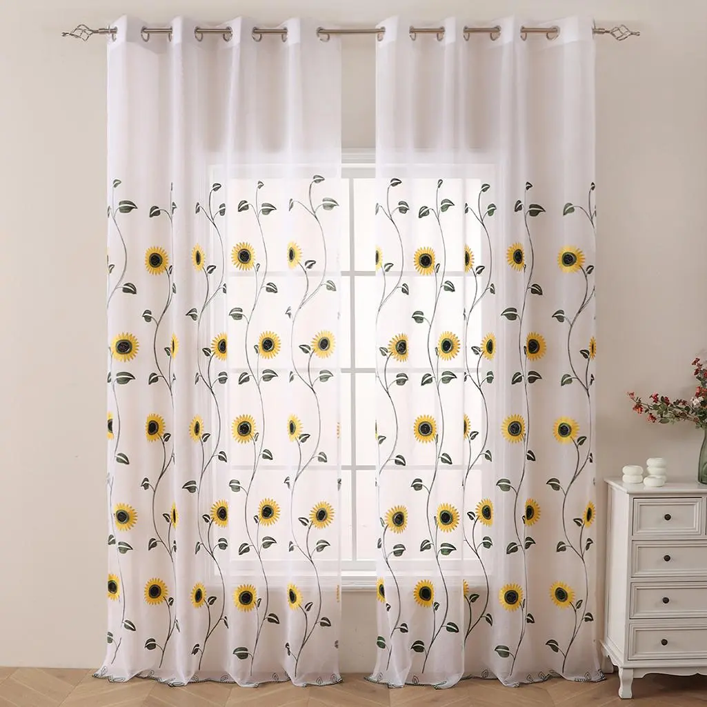 Sunflower Pattern Embroidered Curtain, Curtains Floral, 1 Count Modern Simple Curtain for Windows, Window Drapes, Home Decoration Curtain for Living Room Bedroom Study Room, Home Textile