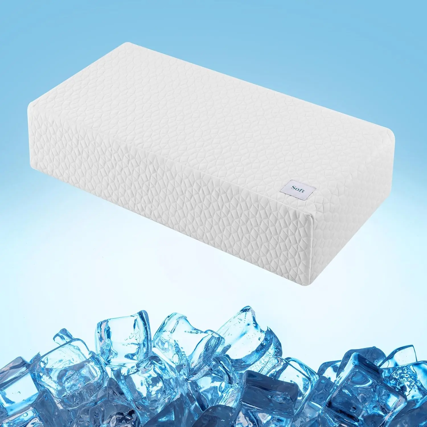 Ice Cube Cooling Neck Pillow for Side Sleeping, 12"x24"x5" Soft Memory Foam, Reversible Soft-Firm Support, Head & Neck Pain Relief, Removable Machine-Wash Cover, Frozen Cooling Fiber Ice Cube Bed Pillow