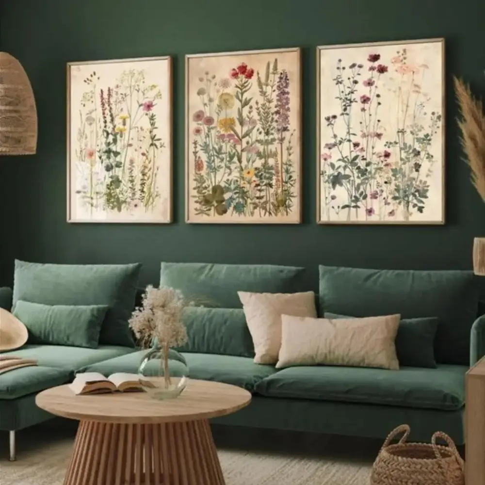 3 Pieces Boho Vintage Wildflower Fern Art Prints, Plant Abstract Wall Mural, Natural Pastoral Home Art, Eclectic Gallery Decor, Artistic Soft Tone Painting, Wall Decor for Bedroom and Living Room, Botanical Wall Art, Artwork for Walls, Framed or Unframed