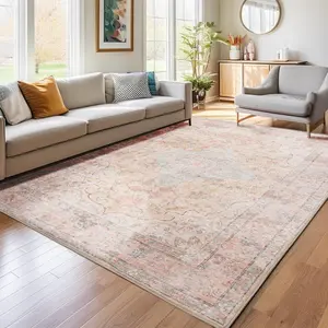 Large Washable Area Rug, Boho Vintage Faux Wool Non-Slip Low Pile Rug For Living Room, Bedroom, Kids Room, Or Home Office, Soft Non-Shedding Indoor Carpet, Grey, Orange, Beige, Dark Grey, 4x6, 5x7, 6x9, 8x10, 9x12 Feet