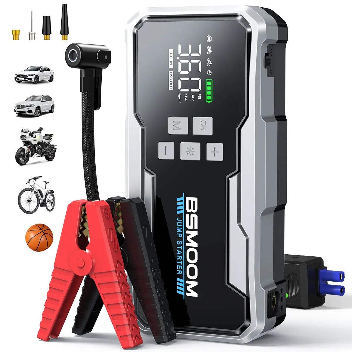 BSMOOM Portable Car Jump Starter 8000A (ALL Gas, 10.0L Diesel)with Air Compressor, 150PSl Tire Inflator, 12V BatteryCharger Jumper Box with LCD Display Car Battery Jump Starter multi-functional auto