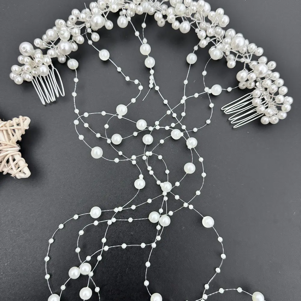 Bride's new hair accessories handmade pearl headdress tassel insert comb wavy hair band garland wedding hair comb accessories