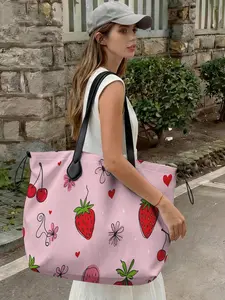 Strawberry Pattern 2D Printed Drawstring Tote Bag, Floral Tote, Large Capacity Shopping Bag, Durable and Wear-Resistant, Ideal for Work, Shopping, Picnic