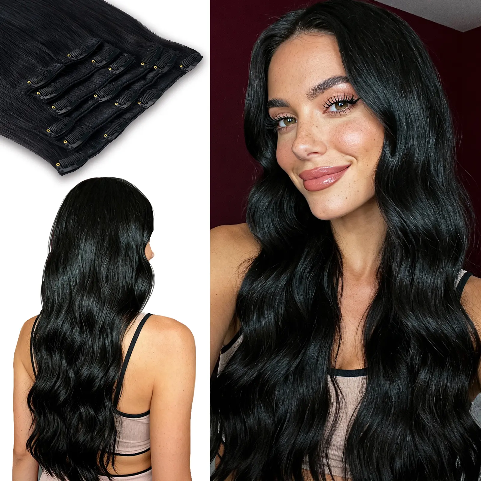 Luxetress Women's Straight Clip-In Human Hair Weft Extensions - 14-24 in, 80-120g, 7pcs, Double Weft Hairpieces, Clip Hair Extensions, Natural Straight, Female, Multiple Lengths