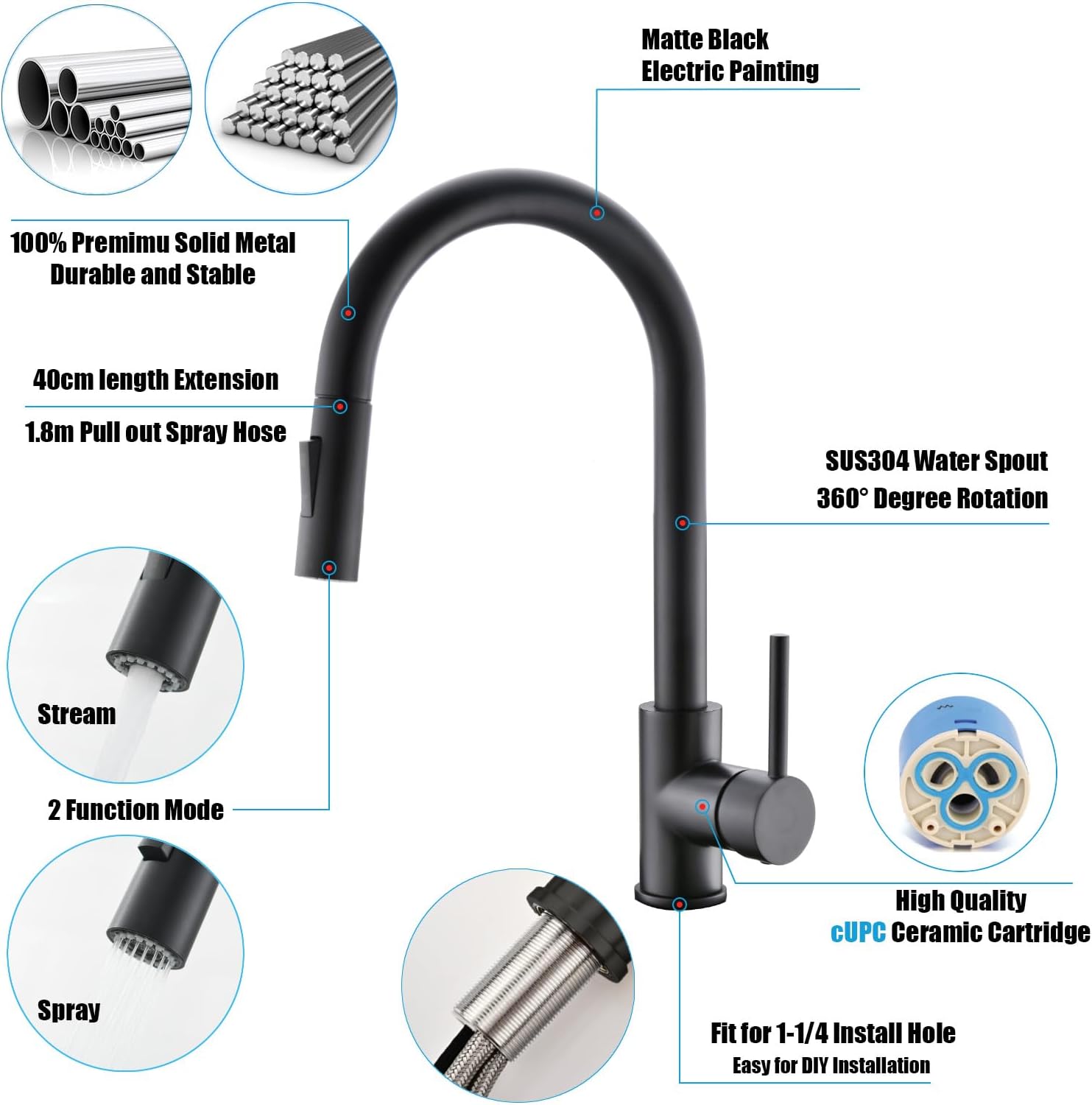Pull Out Kitchen Faucet, Two Function Single Handle Kitchen Mixer, Hot and Cold Water Taps Deck Mounted Kitchen Tap