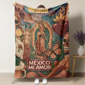 Guadalupe Sugar Skull Day of the Dead Calavera painted faces Print Flannel Blanket,Halloween Papel Picado Blanket,Soft Machine Washable Blanket,Warm Napping Blanket for Home Office School Travel