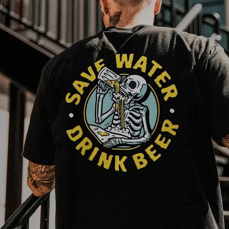 Men's Unisex Skull Print Short-Sleeve T-Shirt - Casual Fashion Streetwear, Soft Fabric, Loose Fit, All-Seasons, "SAVE WATER DRINK BEER" Black Stylish Top