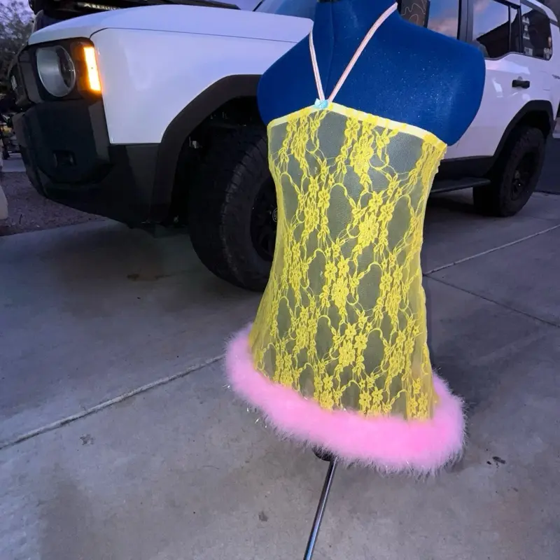 Pink lemonade lace dress with ostrich feathers