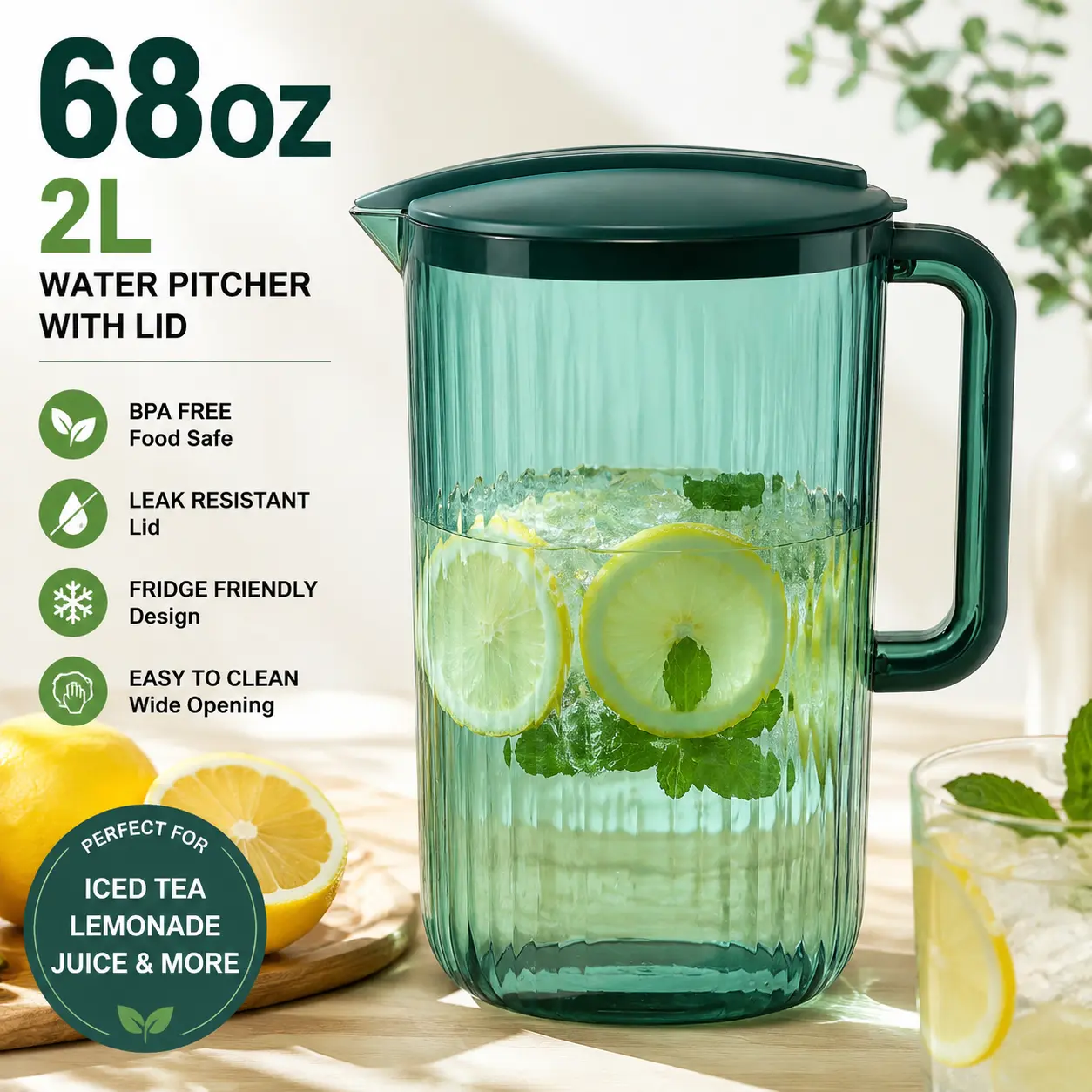68oz Water Pitcher with Lid, 2L Ribbed Plastic Pitcher for Iced Tea, Lemonade & Juice, Fridge-Friendly Beverage Jug, Modern Kitchen Drinkware