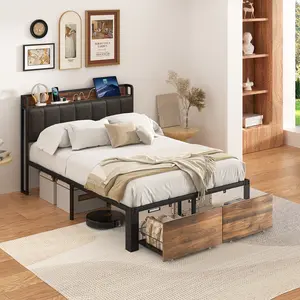 Full Bed Frame with Drawers Storage Headboard and Charging Station Fabric Upholstered Headboard with Outlet Heavy Duty Metal Platform Bed with Steel Slat Support No Box Spring Needed,Grey